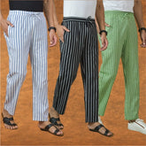 COMBO OF 3 MEN STRIPE COTTON HANDLOOM PANT BLACK OLIVE GREEN AND BLUE