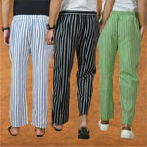 COMBO OF 3 MEN STRIPE COTTON HANDLOOM PANT BLACK OLIVE GREEN AND BLUE