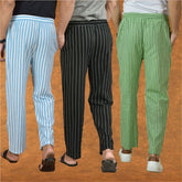 COMBO OF 3 MEN STRIPE COTTON HANDLOOM PANT BLACK OLIVE GREEN AND SKY BLUE