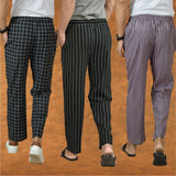 COMBO OF 3 MEN STRIPE COTTON HANDLOOM PANT BLACK PURPLE AND BLACK