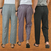COMBO OF 3 MEN STRIPE COTTON HANDLOOM PANT BLACK PURPLE AND GRAY