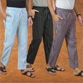 COMBO OF 3 MEN STRIPE COTTON HANDLOOM PANT BLACK PURPLE AND SKY BLUE