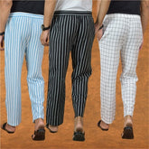 COMBO OF 3 MEN STRIPE COTTON HANDLOOM PANT BLACK WHITE AND SKY BLUE
