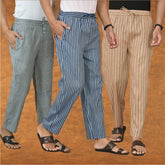 COMBO OF 3 MEN STRIPE COTTON HANDLOOM PANT BLUE BEIGE AND GRAY-