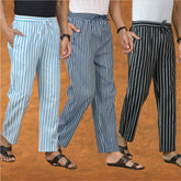 COMBO OF 3 MEN STRIPE COTTON HANDLOOM PANT BLUE BLACK AND SKY BLUE
