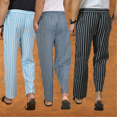 COMBO OF 3 MEN STRIPE COTTON HANDLOOM PANT BLUE BLACK AND SKY BLUE