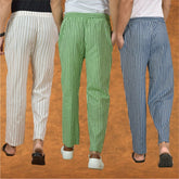 COMBO OF 3 MEN STRIPE COTTON HANDLOOM PANT BLUE OLIVE GREEN AND BEIGE