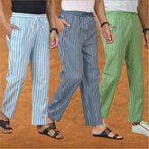 COMBO OF 3 MEN STRIPE COTTON HANDLOOM PANT BLUE OLIVE GREEN AND SKY BLUE