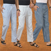 COMBO OF 3 MEN STRIPE COTTON HANDLOOM PANT BLUE WHITE AND BLUE