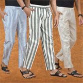COMBO OF 3 MEN STRIPE COTTON HANDLOOM PANT GRAY BEIGE AND BLUE