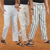 COMBO OF 3 MEN STRIPE COTTON HANDLOOM PANT GRAY BEIGE AND WHITE