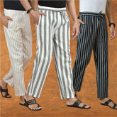 COMBO OF 3 MEN STRIPE COTTON HANDLOOM PANT GRAY BLACK AND BEIGE