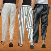 COMBO OF 3 MEN STRIPE COTTON HANDLOOM PANT GRAY BLACK AND BEIGE