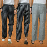 COMBO OF 3 MEN STRIPE COTTON HANDLOOM PANT GRAY BLACK AND BLACK