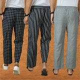 COMBO OF 3 MEN STRIPE COTTON HANDLOOM PANT GRAY BLACK AND BLACK