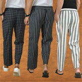 COMBO OF 3 MEN STRIPE COTTON HANDLOOM PANT GRAY BLACK AND BLACK