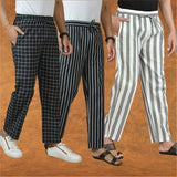 COMBO OF 3 MEN STRIPE COTTON HANDLOOM PANT GRAY BLACK AND BLACK