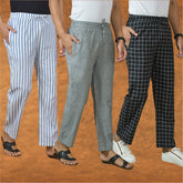 COMBO OF 3 MEN STRIPE COTTON HANDLOOM PANT GRAY BLACK AND BLUE