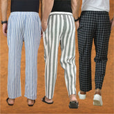 COMBO OF 3 MEN STRIPE COTTON HANDLOOM PANT GRAY BLACK AND BLUE