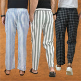 COMBO OF 3 MEN STRIPE COTTON HANDLOOM PANT GRAY BLACK AND BLUE