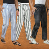 COMBO OF 3 MEN STRIPE COTTON HANDLOOM PANT GRAY BLACK AND BLUE