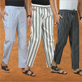 COMBO OF 3 MEN STRIPE COTTON HANDLOOM PANT GRAY BLACK AND BLUE