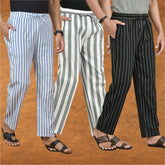 COMBO OF 3 MEN STRIPE COTTON HANDLOOM PANT GRAY BLACK AND BLUE