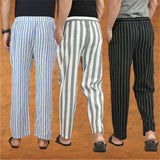 COMBO OF 3 MEN STRIPE COTTON HANDLOOM PANT GRAY BLACK AND BLUE