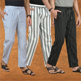 COMBO OF 3 MEN STRIPE COTTON HANDLOOM PANT GRAY BLACK AND BLUE