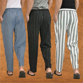 COMBO OF 3 MEN STRIPE COTTON HANDLOOM PANT GRAY BLACK AND BLUE