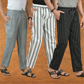 COMBO OF 3 MEN STRIPE COTTON HANDLOOM PANT GRAY BLACK AND GRAY