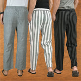 COMBO OF 3 MEN STRIPE COTTON HANDLOOM PANT GRAY BLACK AND GRAY