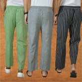 COMBO OF 3 MEN STRIPE COTTON HANDLOOM PANT GRAY BLACK AND OLIVE GREEN