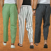 COMBO OF 3 MEN STRIPE COTTON HANDLOOM PANT GRAY BLACK AND OLIVE GREEN