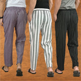 COMBO OF 3 MEN STRIPE COTTON HANDLOOM PANT GRAY BLACK AND PURPLE-