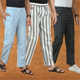 COMBO OF 3 MEN STRIPE COTTON HANDLOOM PANT GRAY BLACK AND SKY BLUE
