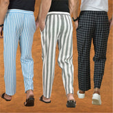 COMBO OF 3 MEN STRIPE COTTON HANDLOOM PANT GRAY BLACK AND SKY BLUE