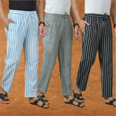 COMBO OF 3 MEN STRIPE COTTON HANDLOOM PANT GRAY BLACK AND SKY BLUE
