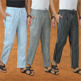 COMBO OF 3 MEN STRIPE COTTON HANDLOOM PANT GRAY BLACK AND SKY BLUE