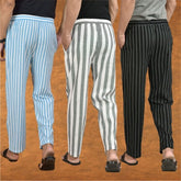 COMBO OF 3 MEN STRIPE COTTON HANDLOOM PANT GRAY BLACK AND SKY BLUE