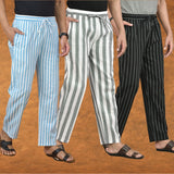 COMBO OF 3 MEN STRIPE COTTON HANDLOOM PANT GRAY BLACK AND SKY BLUE