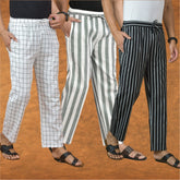 COMBO OF 3 MEN STRIPE COTTON HANDLOOM PANT GRAY BLACK AND WHITE