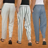 COMBO OF 3 MEN STRIPE COTTON HANDLOOM PANT GRAY BLUE AND BEIGE