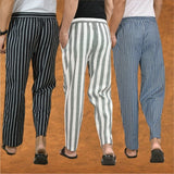 COMBO OF 3 MEN STRIPE COTTON HANDLOOM PANT GRAY BLUE AND BLACK