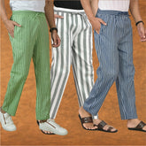 COMBO OF 3 MEN STRIPE COTTON HANDLOOM PANT GRAY BLUE AND OLIVE GREEN