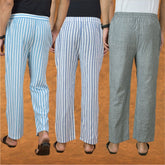 COMBO OF 3 MEN STRIPE COTTON HANDLOOM PANT GRAY BLUE AND SKY BLUE