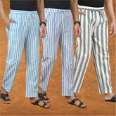 COMBO OF 3 MEN STRIPE COTTON HANDLOOM PANT GRAY BLUE AND SKY BLUE-