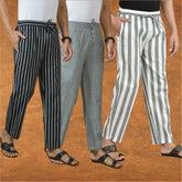 COMBO OF 3 MEN STRIPE COTTON HANDLOOM PANT GRAY GRAY AND BLACK