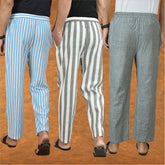 COMBO OF 3 MEN STRIPE COTTON HANDLOOM PANT GRAY GRAY AND SKY BLUE-