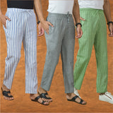 COMBO OF 3 MEN STRIPE COTTON HANDLOOM PANT GRAY OLIVE GREEN AND BLUE
